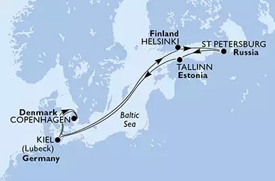 MSC MERAVIGLIA - itinerár  7 nocí odchod z Kiel,Germany dňa 11/07/2020 - Germany, Denmark, Finland, Russian Federation, Estonia