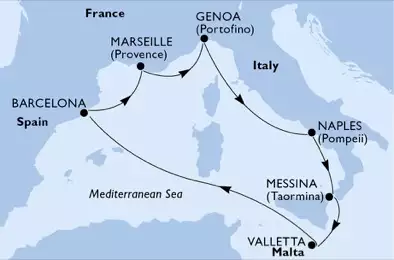 MSC GRANDIOSA - itinerár  7 nocí odchod z Marseille, France dňa 11/07/2020 - France, Italy, Malta, Spain