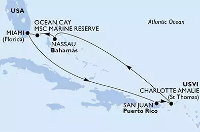 MSC SEASIDE - itinerár  7 nocí odchod z Miami, United States dňa 11/07/2020 - United States, Puerto Rico, Virgin Islands (U.S.), Bahamas
