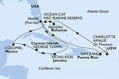 MSC SEASIDE - itinerár  14 nocí odchod z Miami, United States dňa 11/07/2020 - United States, Puerto Rico, Virgin Islands (U.S.), Bahamas, Jamaica, Cayman Islands, Mexico