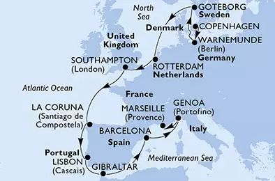 Denmark, Germany, Sweden, Netherlands, United Kingdom, Spain, Portugal, Gibraltar, Italy, France