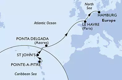 MSC PREZIOSA - itinerár  14 nocí odchod z Pointe-a-Pitre, Guadeloupe dňa 05/04/2020 - Guadeloupe, Antigua and Barbuda, Portugal, France, Germany
