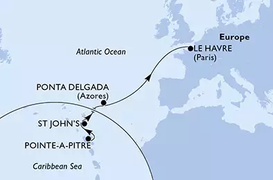 MSC PREZIOSA - itinerár  12 nocí odchod z Pointe-a-Pitre, Guadeloupe dňa 05/04/2020 - Guadeloupe, Antigua and Barbuda, Portugal, France