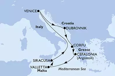 MSC LIRICA - itinerár  7 nocí odchod z Valletta, Malta dňa 21/08/2020 - Malta, Italy, Croatia, Greece