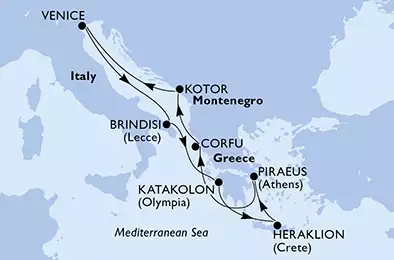 Brindisi,Katakolon,Heraklion,Piraeus,Corfu,Kotor,Venice,Brindisi