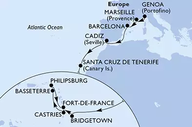 Genoa,Marseille,Barcelona,Cadiz,Santa Cruz de Tenerife,Bridgetown,Castries,Basseterre,Philipsburg,Fort de France
