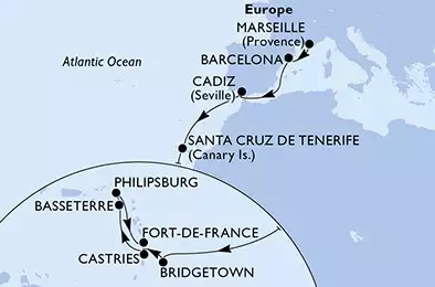Marseille,Barcelona,Cadiz,Santa Cruz de Tenerife,Bridgetown,Castries,Basseterre,Philipsburg,Fort de France