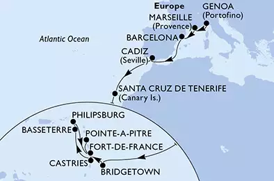 Genoa,Marseille,Barcelona,Cadiz,Santa Cruz de Tenerife,Bridgetown,Castries,Basseterre,Philipsburg,Fort de France,Pointe-a-Pitre