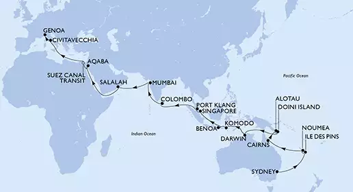 Australia, New Caledonia, Papua New Guinea, Indonesia, Singapore, Malaysia, Sri Lanka, India, Oman, Jordan, Egypt, Italy