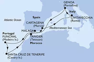 MSC OPERA - itinerár  11 nocí odchod z Genoa, Italy dňa 17/02/2020 - Italy, Spain, Portugal, Morocco