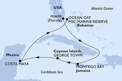 Miami,Montego Bay,George Town,Costa Maya,Ocean Cay,Miami