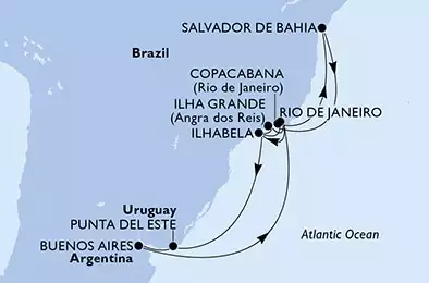 MSC PREZIOSA - itinerár  15 nocí odchod z Rio de Janeiro, Brazil dňa 19/12/2020 - Brazil, Uruguay, Argentina