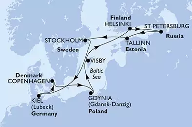 MSC SPLENDIDA - itinerár  11 nocí odchod z Kiel,Germany dňa 02/05/2021 - Germany, Denmark, Poland, Sweden, Finland, Russian Federation, Estonia