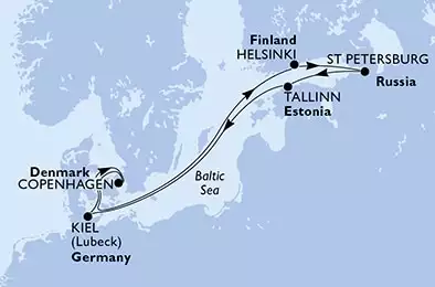MSC VIRTUOSA - itinerár  7 nocí odchod z Kiel,Germany dňa 26/06/2021 - Germany, Denmark, Finland, Russian Federation, Estonia