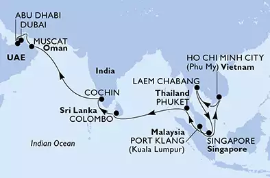 MSC SPLENDIDA - itinerár  22 nocí odchod z Port Klang, Malaysia dňa 19/02/2020 - Malaysia, Vietnam, Thailand, Singapore, Sri Lanka, India, Oman, United Arab Emirates