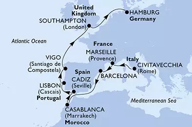Italy, France, Spain, Morocco, Portugal, United Kingdom, Germany