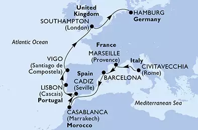 MSC SPLENDIDA - itinerár  11 nocí odchod z Civitavecchia, Italy dňa 28/03/2020 - Italy, France, Spain, Morocco, Portugal, United Kingdom, Germany