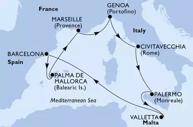 Barcelona,Palma de Mallorca,Palma de Mallorca,Marseille,Genoa,Civitavecchia,Palermo,Valletta,Barcelona
