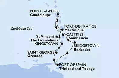 Pointe-a-Pitre,Castries,Bridgetown,Port of Spain,Saint George,Kingstown,Fort de France,Pointe-a-Pitre