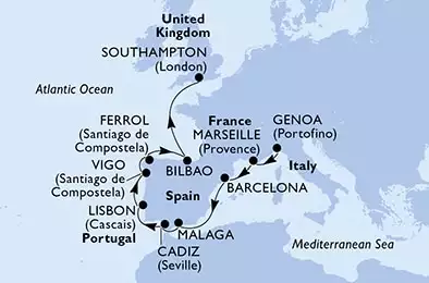 Genoa,Marseille,Barcelona,Malaga,Cadiz,Lisbon,Vigo,Ferrol,Bilbao,Southampton