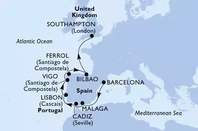 Barcelona,Malaga,Cadiz,Lisbon,Vigo,Ferrol,Bilbao,Southampton