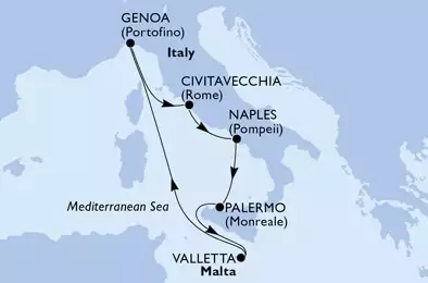 MSC GRANDIOSA - itinerár  7 nocí odchod z Civitavecchia, Italy dňa 02/11/2020 - Italy,Malta