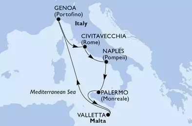 MSC GRANDIOSA - itinerár  7 nocí odchod z Palermo, Italy dňa 09/12/2020 - Palermo,Valletta,Genoa,Civitavecchia,Naples,Palermo