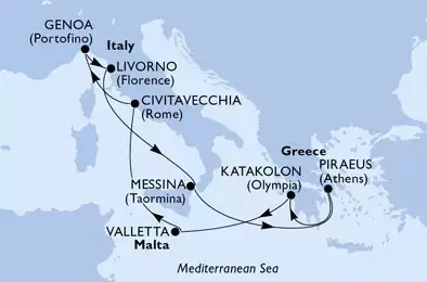 MSC MAGNIFICA - itinerár  10 nocí odchod z Genoa, Italy dňa 29/10/2020 - Italy,Greece,Malta