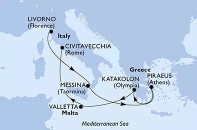MSC MAGNIFICA - itinerár  8 nocí odchod z Livorno, Italy dňa 20/10/2020 - Italy,Greece,Malta