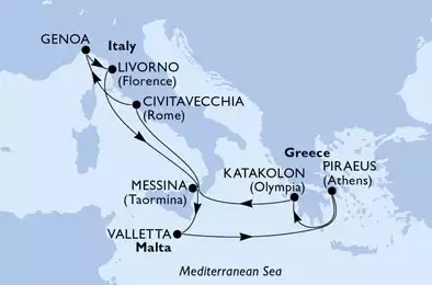 MSC MAGNIFICA - itinerár  10 nocí odchod z Genoa, Italy dňa 14/02/2021 - Italy,Malta,Greece