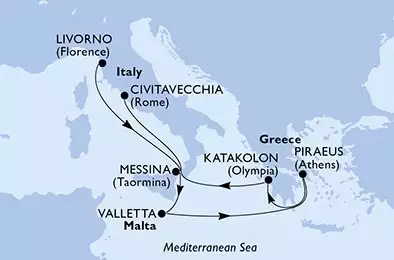 MSC MAGNIFICA - itinerár  8 nocí odchod z Livorno, Italy dňa 15/02/2021 - Livorno,Messina,Valletta,Piraeus,Katakolon,Civitavecchia