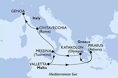 Messina,Valletta,Piraeus,Katakolon,Civitavecchia,Genoa