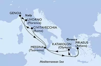 Messina,Piraeus,Katakolon,Civitavecchia,Genoa,Livorno,Messina