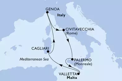 MSC GRANDIOSA - itinerár  7 nocí odchod z Genoa, Italy dňa 29/11/2020 - Italy,Malta