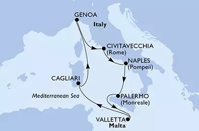 MSC GRANDIOSA - itinerár  7 nocí odchod z Palermo, Italy dňa 02/12/2020 - Italy,Malta