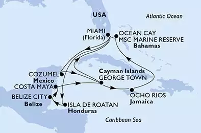 Miami,Isla de Roatan,Belize City,Costa Maya,George Town,Miami,Cozumel,George Town,Ocho Rios,Ocean Cay,Miami