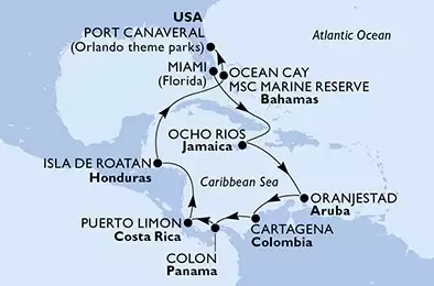 Miami,Ocho Rios,Oranjestad,Cartagena,Colon,Puerto Limon,Isla de Roatan,Ocean Cay,Port Canaveral