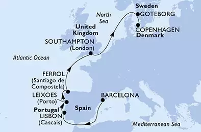 Barcelona,Lisbon,Leixoes,Ferrol,Southampton,Goteborg,Copenhagen