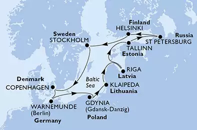 Copenhagen,Warnemunde,Gdynia,Klaipeda,Riga,Tallinn,St Petersburg,St Petersburg,Helsinki,Stockholm,Copenhagen