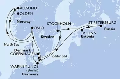 Copenhagen,Warnemunde,St Petersburg,Tallinn,Stockholm,Copenhagen,Warnemunde,Alesund,Olden,Oslo,Copenhagen