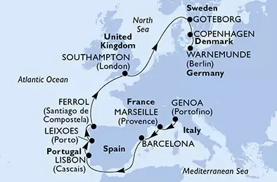 Genoa,Marseille,Barcelona,Lisbon,Leixoes,Ferrol,Southampton,Goteborg,Copenhagen,Warnemunde