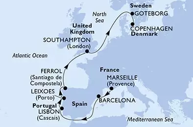 Marseille,Barcelona,Lisbon,Leixoes,Ferrol,Southampton,Goteborg,Copenhagen