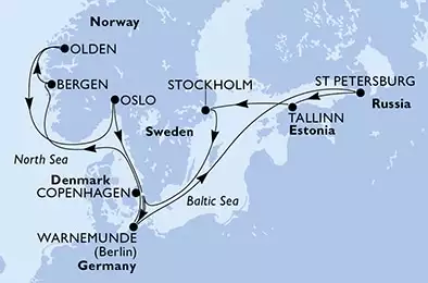 Copenhagen,Warnemunde,St Petersburg,Tallinn,Stockholm,Copenhagen,Warnemunde,Bergen,Olden,Oslo,Copenhagen
