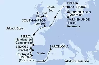 Barcelona,Lisbon,Leixoes,Ferrol,Southampton,Goteborg,Copenhagen,Warnemunde