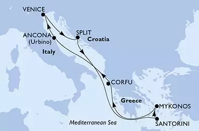 Venice,Split,Santorini,Mykonos,Mykonos,Corfu,Ancona,Venice