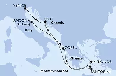 Venice,Split,Santorini,Mykonos,Mykonos,Corfu,Ancona