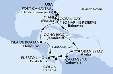 Miami,Ocho Rios,Oranjestad,Cartagena,Colon,Puerto Limon,Isla de Roatan,Ocean Cay,Port Canaveral,Ocean Cay,Port Canaveral