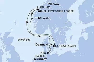 Kiel,Copenhagen,Hellesylt/Geiranger,Alesund,Flaam,Kiel