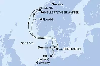 Copenhagen,Hellesylt/Geiranger,Alesund,Flaam,Kiel,Copenhagen