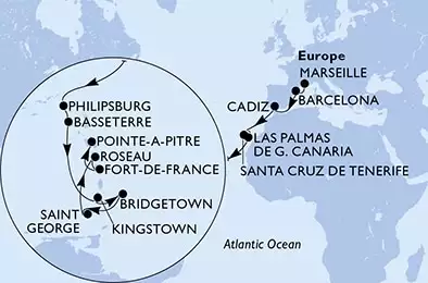 MSC SEAVIEW - itinerár  19 nocí odchod z Marseille, France dňa 16/11/2021 - France,Spain,Netherlands Antilles,Saint Kitts and Nevis,Saint Vincent & The Grenadines,Barbados,Grenada,Dominica,Martinique,Guadeloupe